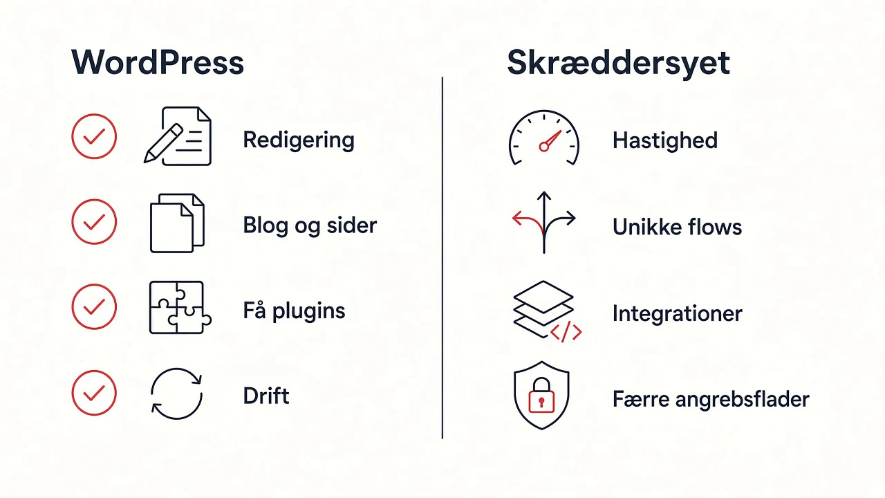 Beslutningsmatrix: WordPress eller skræddersyet ud fra redigering, flows og drift