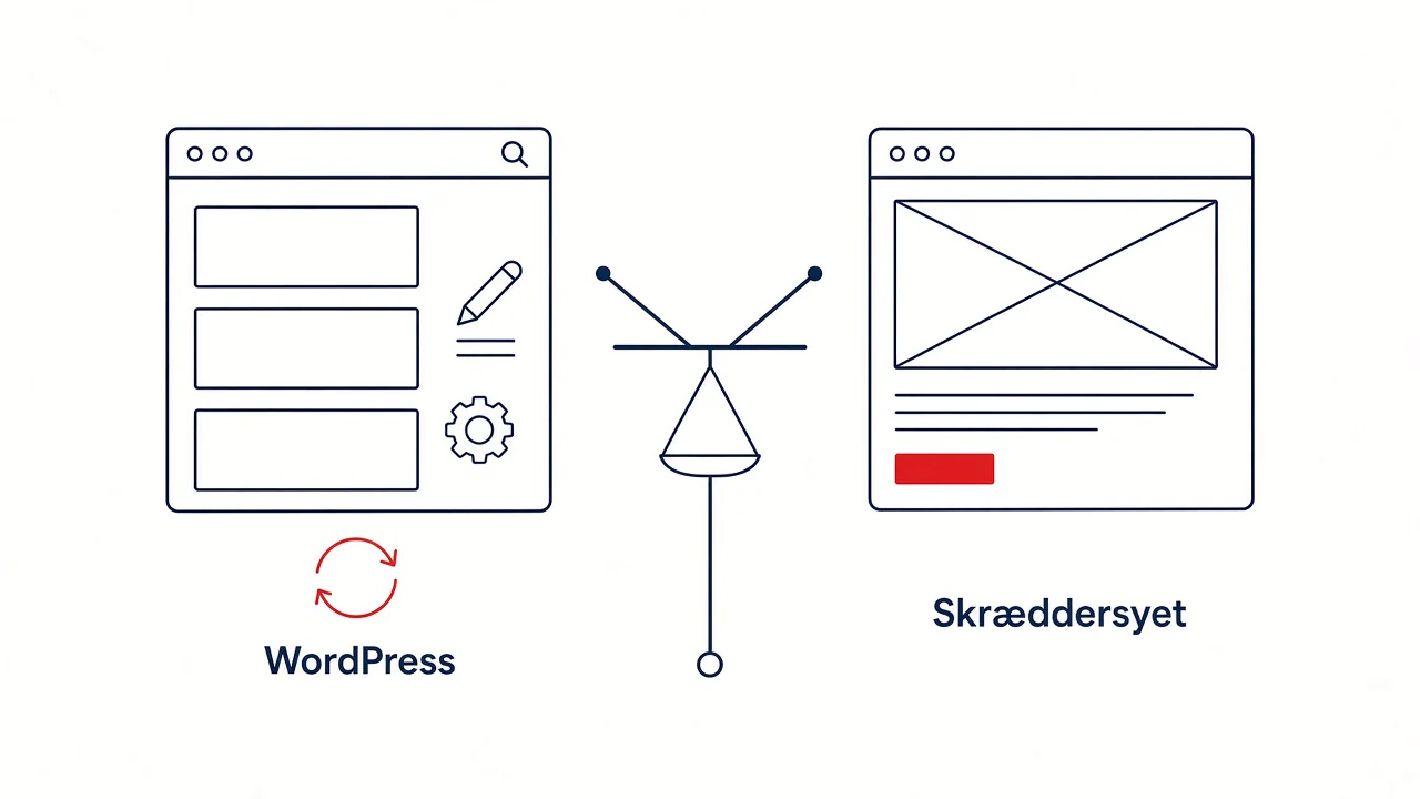 Illustration: valg mellem WordPress og skræddersyet hjemmeside for dansk SMV