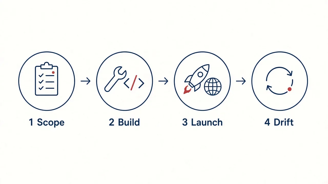 Simpelt procesoverblik til B2B hjemmeside – scope, build, launch, drift – uden stockpersoner